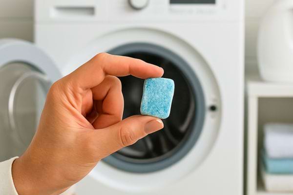 Main tenant une pastille de lessive devant une machine a laver ouverte, geste avant lavage du linge.