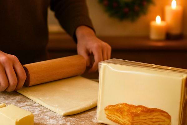 Pâte feuilletée étalée au rouleau sur un plan de travail enneigé de farine.