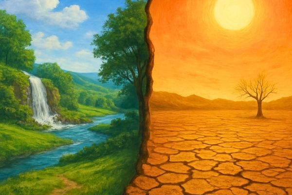 Image partagee entre nature verdoyante et sol aride, symbolisant le changement climatique et ses extremes.