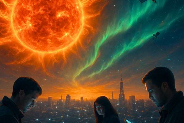 Des personnes regardent leurs téléphones sous un ciel marqué par une tempête solaire intense.