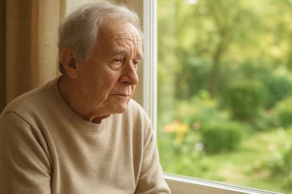 un homme age assis pres dune fenetre regarde le jardin avec un air pensif et calme