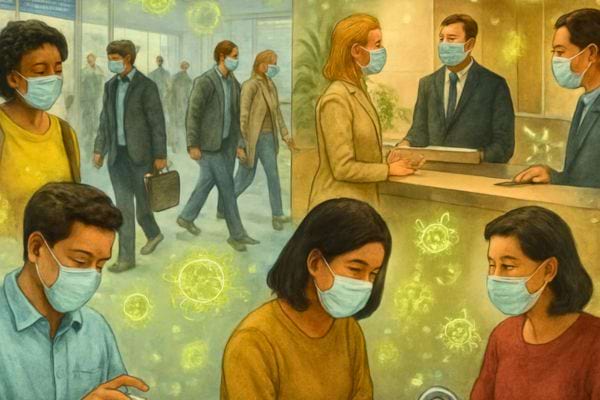 Groupe de personnes portant des masques dans des lieux publics, illustrant les precautions sanitaires en periode de virus.