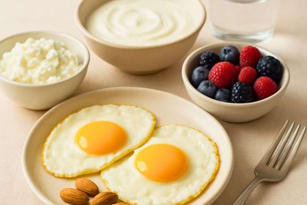 assiette de petit dejeuner avec oeufs au plat fruits rouges produits laitiers et amandes sur table claire