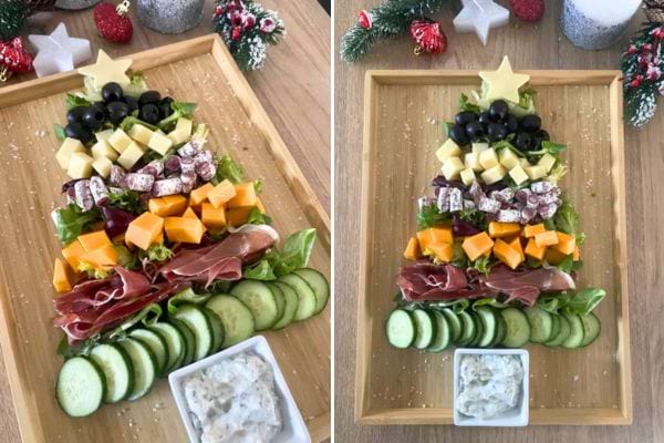 une planche ap&eacute;ro de No&euml;l en forme de sapin avec fromage et charcuterie
