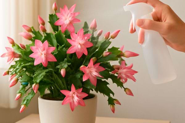 Un cactus de Noel en pleine floraison recoit une pulverisation d&rsquo;eau sur ses fleurs roses.