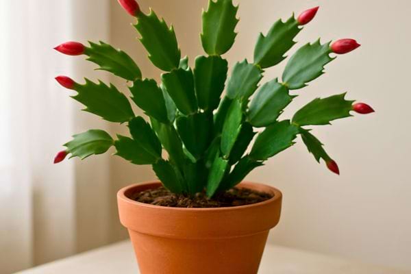 Un cactus de Noel en pleine floraison recoit une pulverisation d&rsquo;eau sur ses fleurs roses.