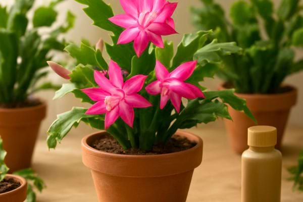 Un cactus de Noel bien fleuri est pose dans un pot en terre cuite a cote d&rsquo;un petit flacon d&rsquo;engrais.