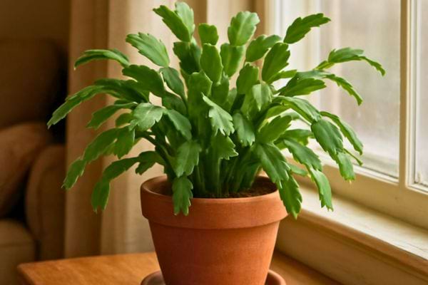 Un cactus de Noel vigoureux et bien vert est installe pres d&rsquo;une fenetre lumineuse.