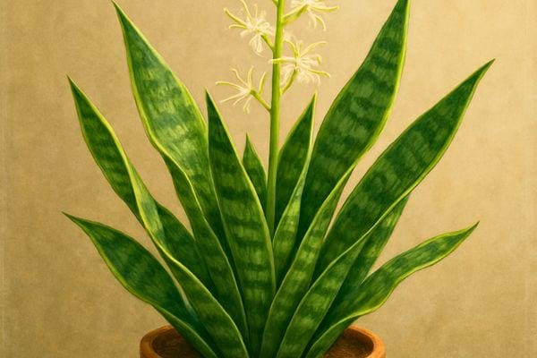 Une sansevieria en pot montre de hautes feuilles vertes et quelques petites fleurs blanches au centre.