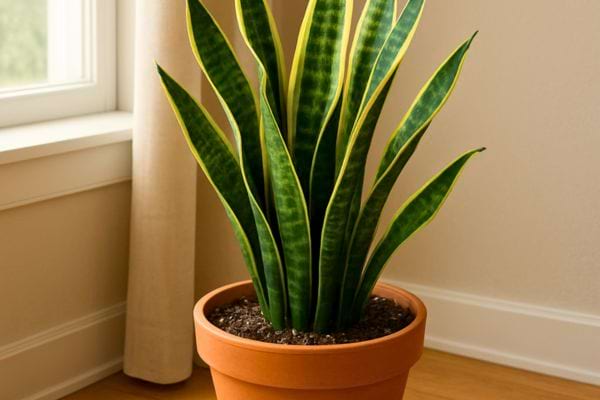 Une sansevieria en pot en terre cuite est placée près d’une fenêtre dans une pièce lumineuse.