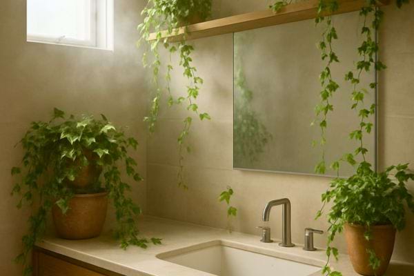 Plusieurs pots de lierre autour d’un lavabo dans une salle de bain humide et chaude.