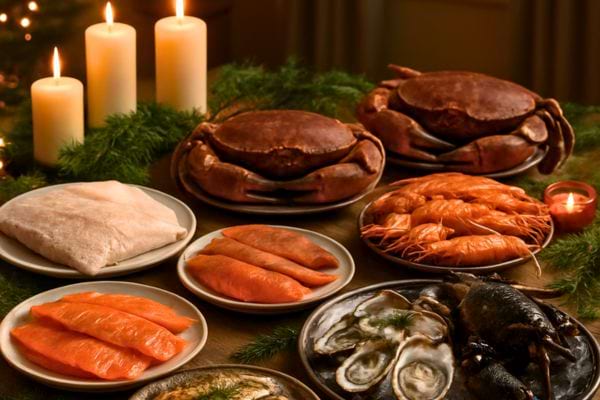 Plateau de fruits de mer avec crabes huitres saumon et bougies dans une ambiance festive