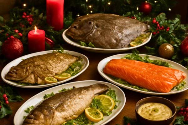 Assiettes de poissons prepares pour un repas de fetes avec saumon et poissons blancs