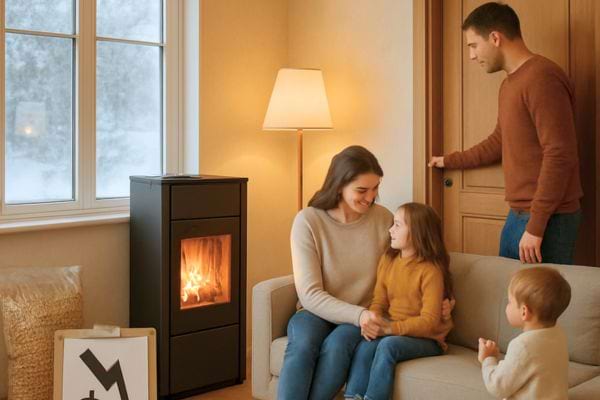 Une famille profite d’un salon chaleureux près d’un poêle à pellets allumé pendant l’hiver.