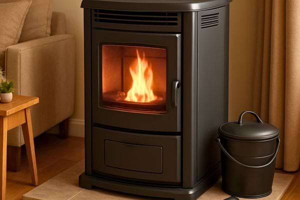 Un poêle à pellets chauffe un salon cosy, posé à côté d’un seau métallique noir.