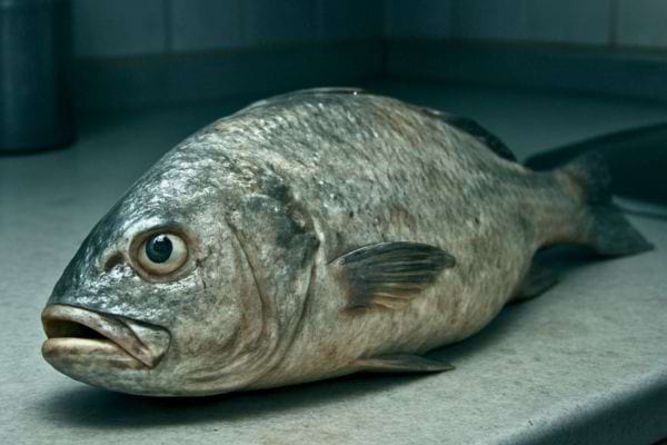 Poisson cru entier pose sur un plan de travail de cuisine pret a etre prepare