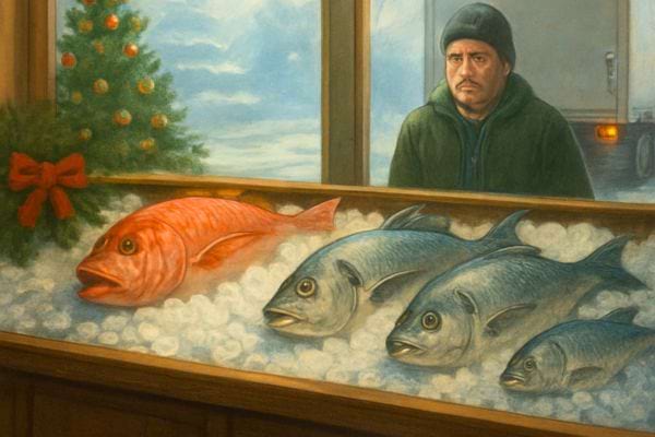 Poissons exposes sur glace dans une poissonnerie ancienne avec decor de noel