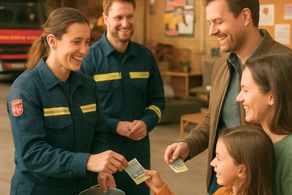 Une famille donne de l’argent a des pompiers souriants lors d’une collecte de soutien locale.