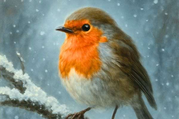 gros plan d un rouge gorge pose sur une branche sous une legere chute de neige