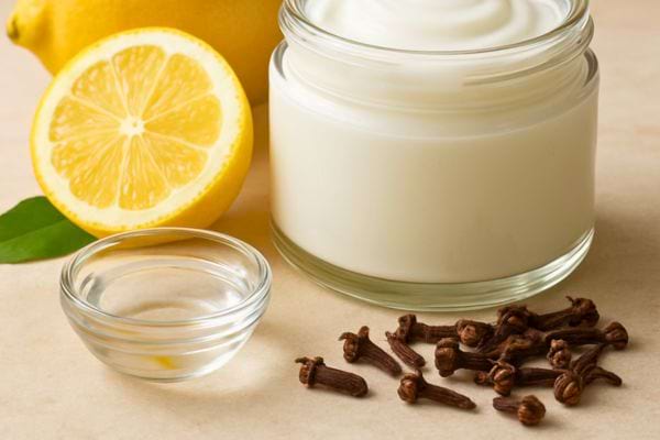 Pot de creme blanche a cote de citron coupe et clous de girofle poses sur table