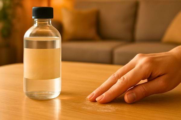 Main passant le doigt sur la poussiere deposee sur une table en bois.