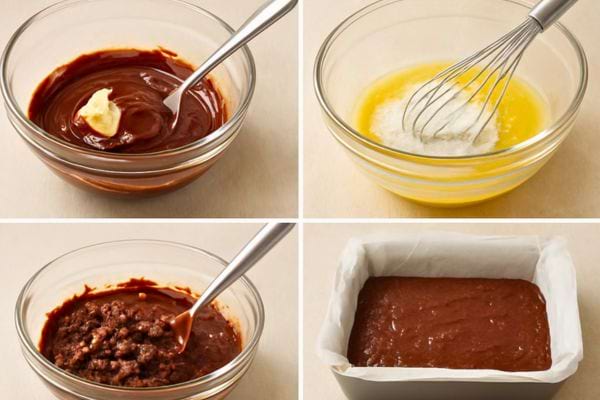 Montage des etapes de preparation d un gateau au chocolat dans des bols et un moule.