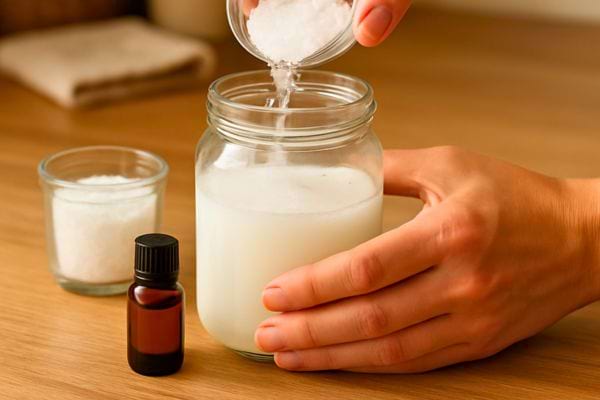 main versant des cristaux dans un bocal rempli de liquide pour fabriquer une lessive maison