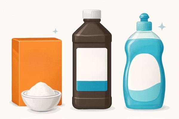 illustration de bicarbonate vinaigre et liquide vaisselle compares pour entretien et nettoyage