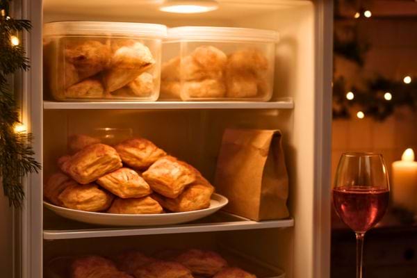 Assortiment de feuilletés rangés dans un réfrigérateur décoré pour les fêtes.