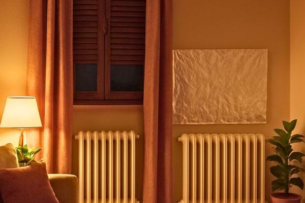 Un radiateur est placé près d'une fenêtre fermée avec un panneau isolant pour conserver la chaleur.