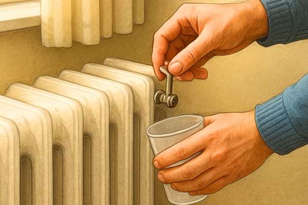 Une main purge un radiateur en laissant l’air sortir dans un gobelet pour améliorer son efficacité.
