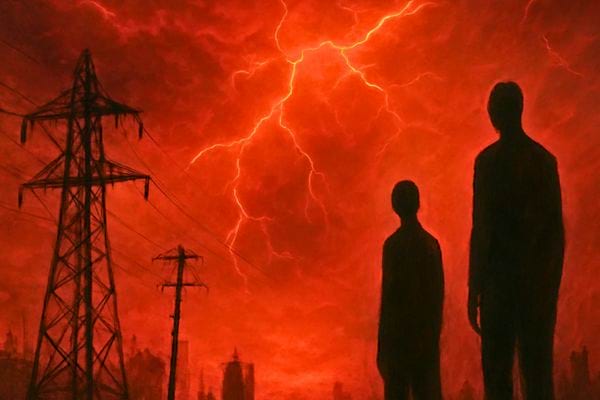 Deux silhouettes observent un ciel rouge dramatique frappe d’eclairs pres de lignes electriques.