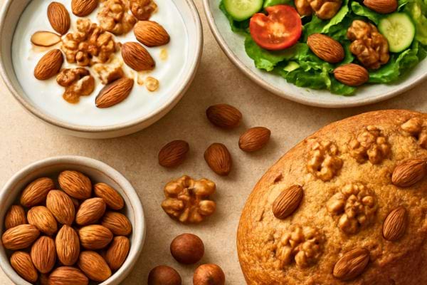 composition de plats avec noix amandes salade yaourt et pain sur une table