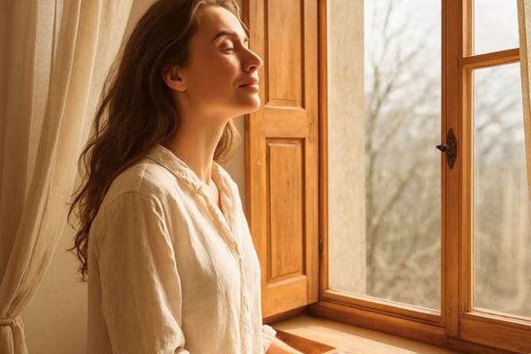 femme debout pres d une fenetre respirant profondement les yeux fermes dans une ambiance apaisante