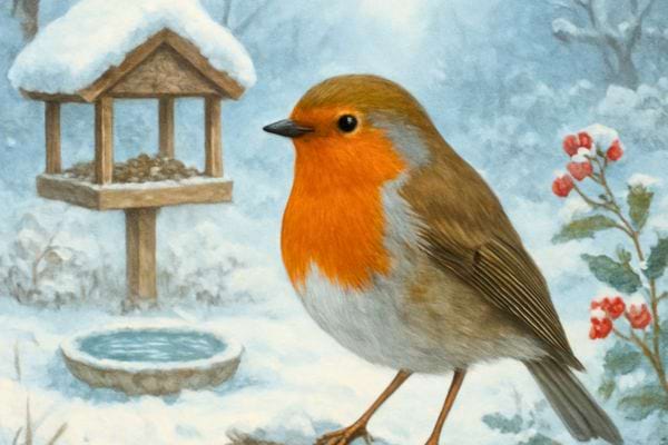 un rouge gorge pres d une mangeoire et d un point d eau entoures de neige et de plantes