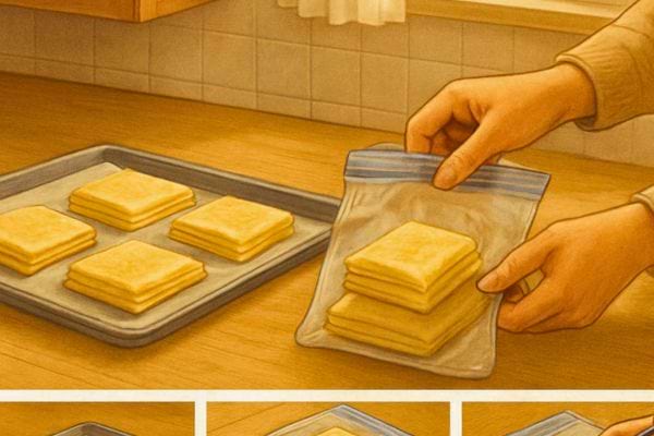 Feuilletés crus placés dans un sac de congélation pour une conservation facile.