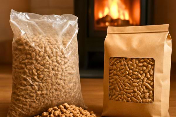 Deux sacs de pellets sont posés devant un poêle allumé, prêts pour alimenter le chauffage.