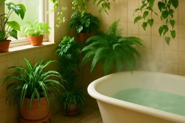 Salle de bain remplie de plantes autour d’une baignoire chaude qui diffuse de la vapeur.