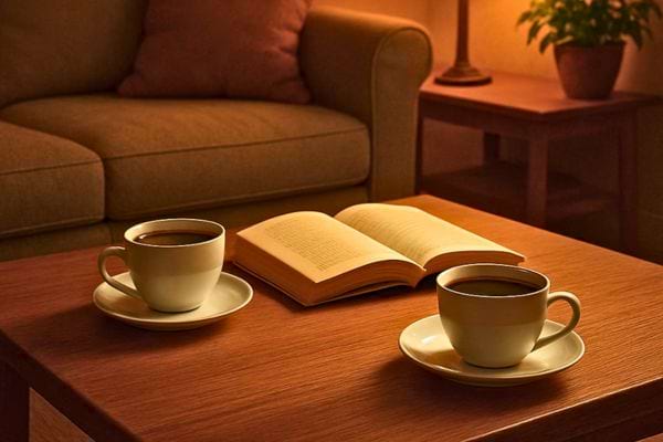 table basse avec livre ouvert et deux tasses de cafe dans un salon calme et eclaire par une lampe douce