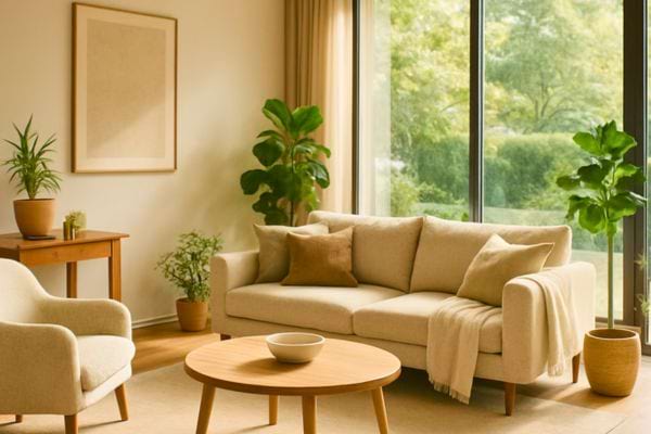 Un salon lumineux avec plantes et grande baie vitree bien aere.