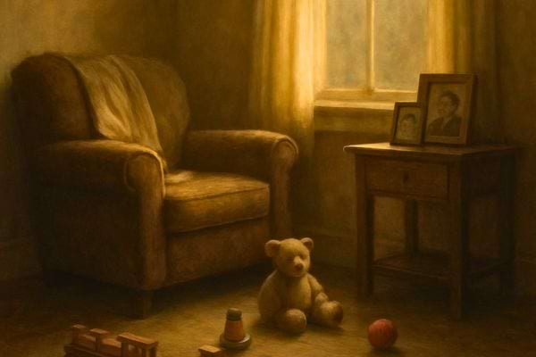 piece silencieuse avec fauteuil photo de famille et jouets denfant evoquant labsence et la nostalgie