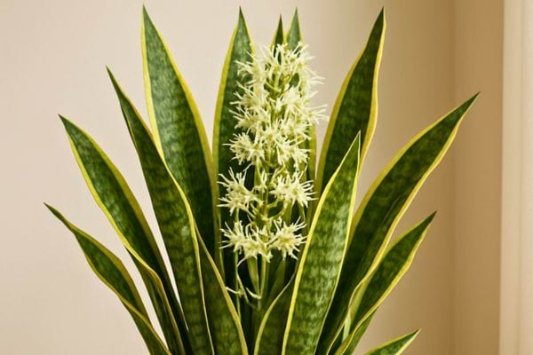 Une sansevieria en pleine floraison montre plusieurs fleurs blanches fines entre ses feuilles vertes.