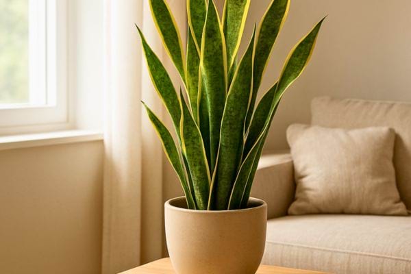 Une sansevieria en pot beige est posée sur une table dans un salon aux tons neutres.