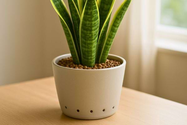 Une sansevieria pousse dans un pot blanc rempli de billes d’argile sur une table en bois.