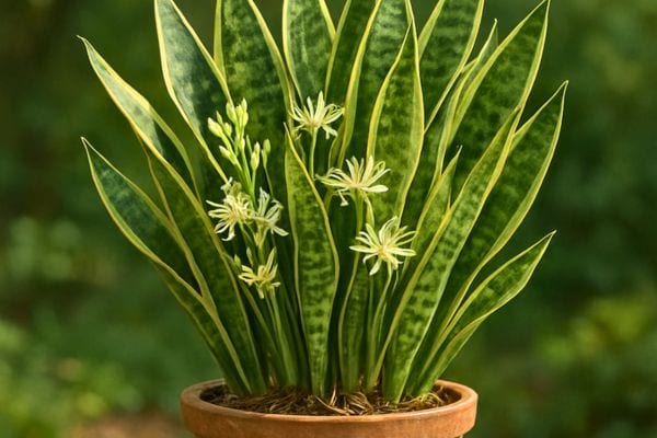 Une sansevieria en pot présente plusieurs tiges florales blanches entre ses longues feuilles vertes.