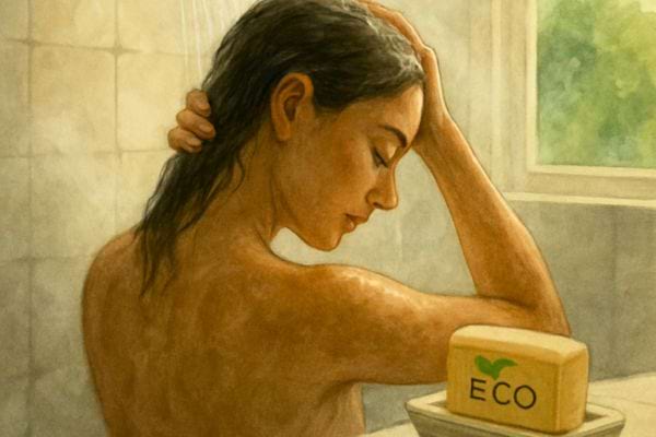 femme se lave sous la douche avec savon ecologique pour peau sensible