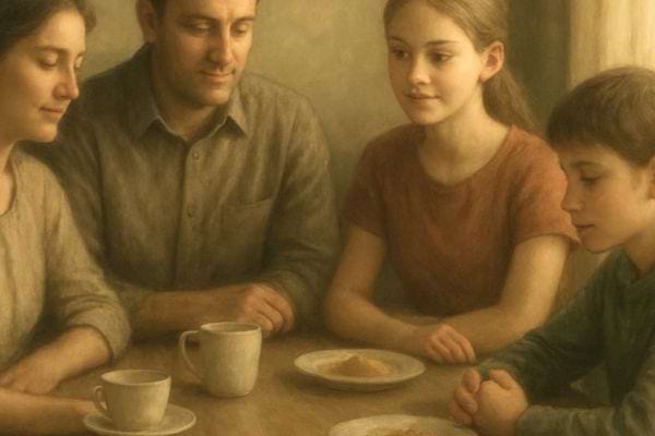 famille assise autour dune table partageant un moment silencieux avec tasses et assiettes dans une ambiance chaleureuse