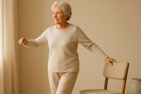 femme agee pratiquant un exercice d equilibre a domicile en s appuyant sur une chaise