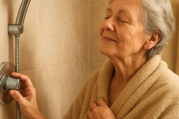 femme agee profite douche chaude visage detendu dans salle de bain claire et calme