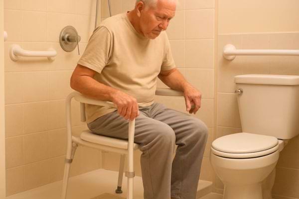 homme age assis sur chaise de douche securisee dans salle de bain adaptee